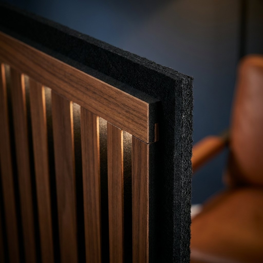 Close-up of wood slat panel edge and felt backing