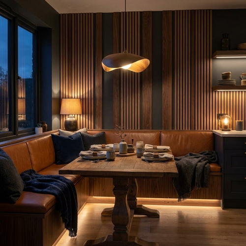 Room with wood slat wall panels
